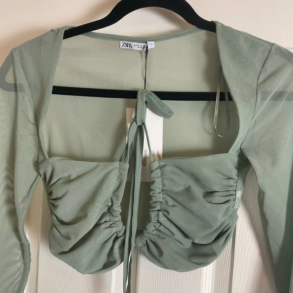 ZARA TULLE RUCHED CROP TOP NWT Long Sleeve Crisscross Straps M